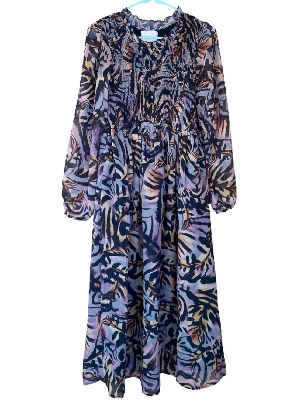 Us Together sheer sleeve abstract pattern flowy smocked maxi dress size small